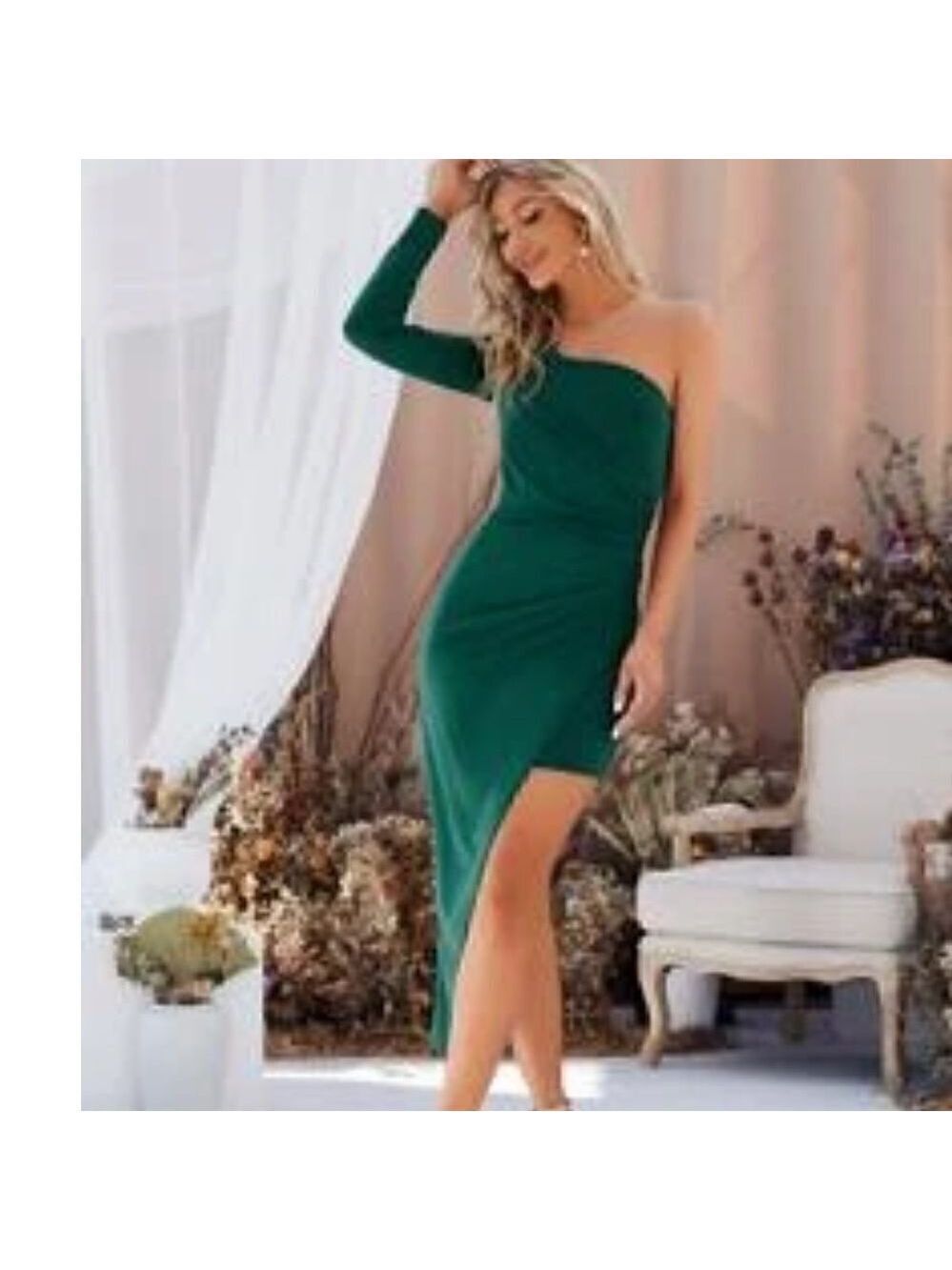 One Shoulder Long Sleeve Dress Dark Green Asymmetrical